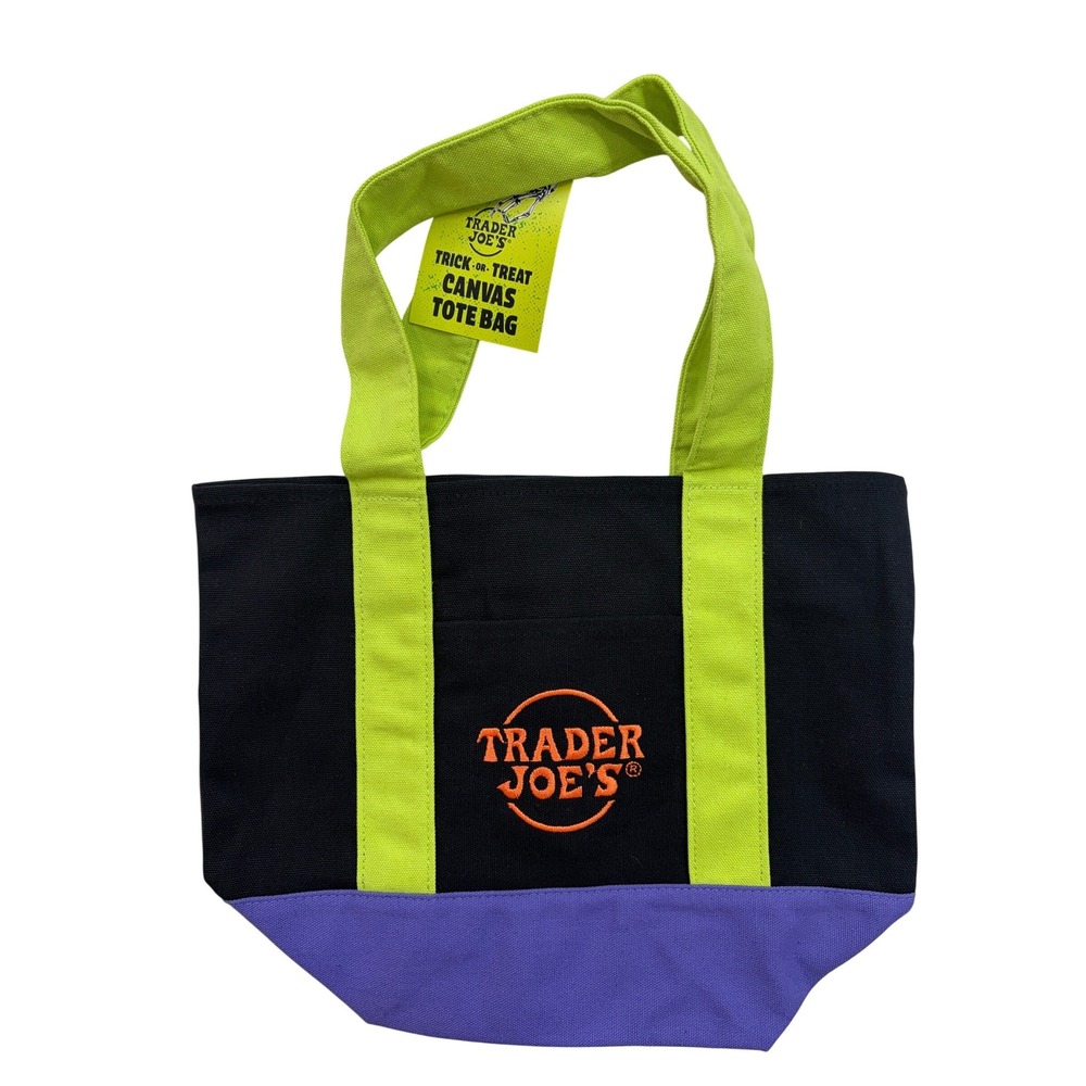 Trader Joes Trick or Treat Canvas Mini Tote Bag Black Purple Green NWT